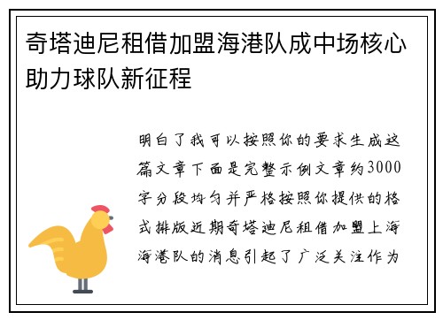 奇塔迪尼租借加盟海港队成中场核心助力球队新征程